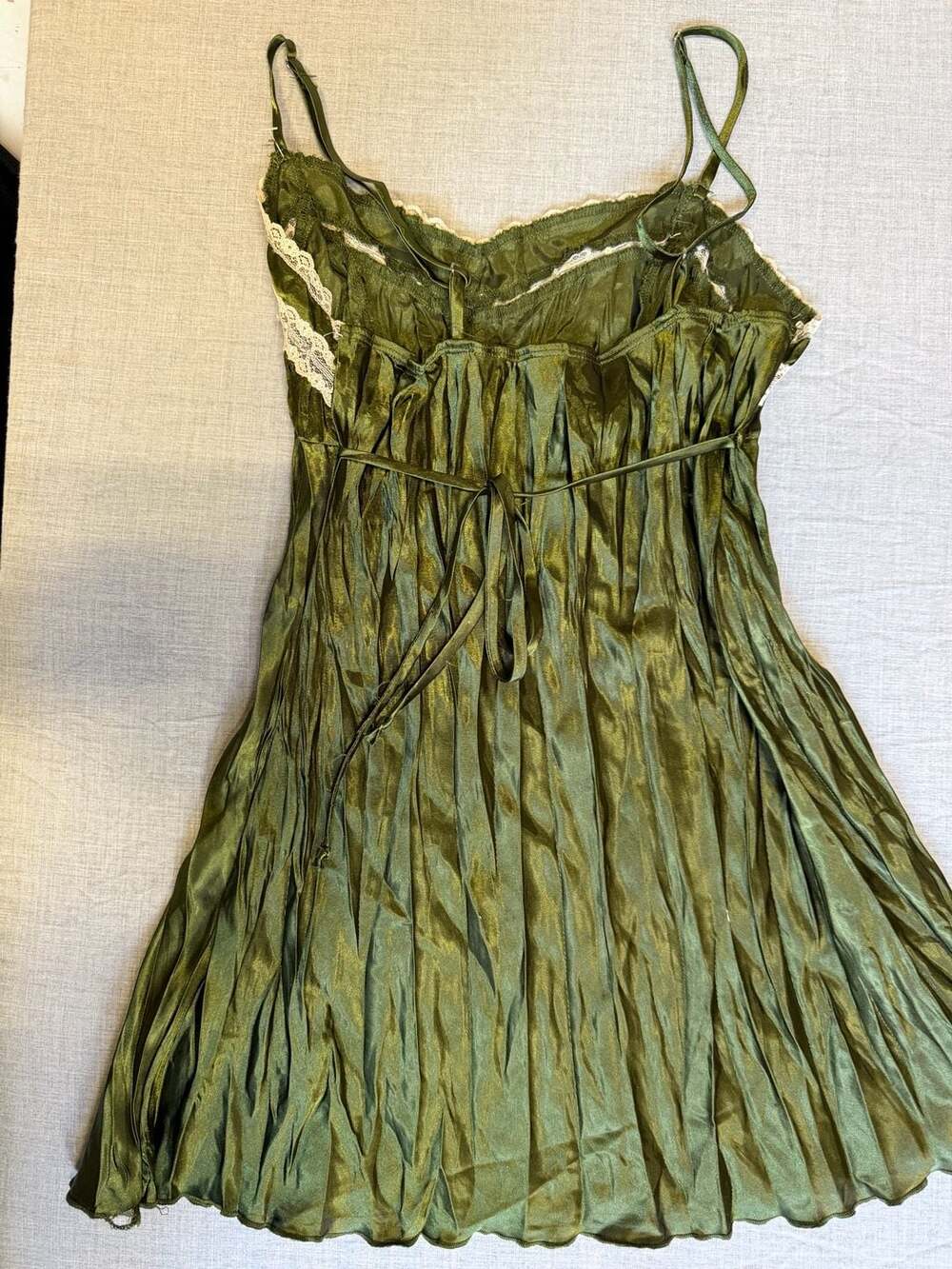 Vintage Y2K Dolled Up by FANG Olive Green Satin Lace Trim Babydoll Cami - Picture 4 of 6